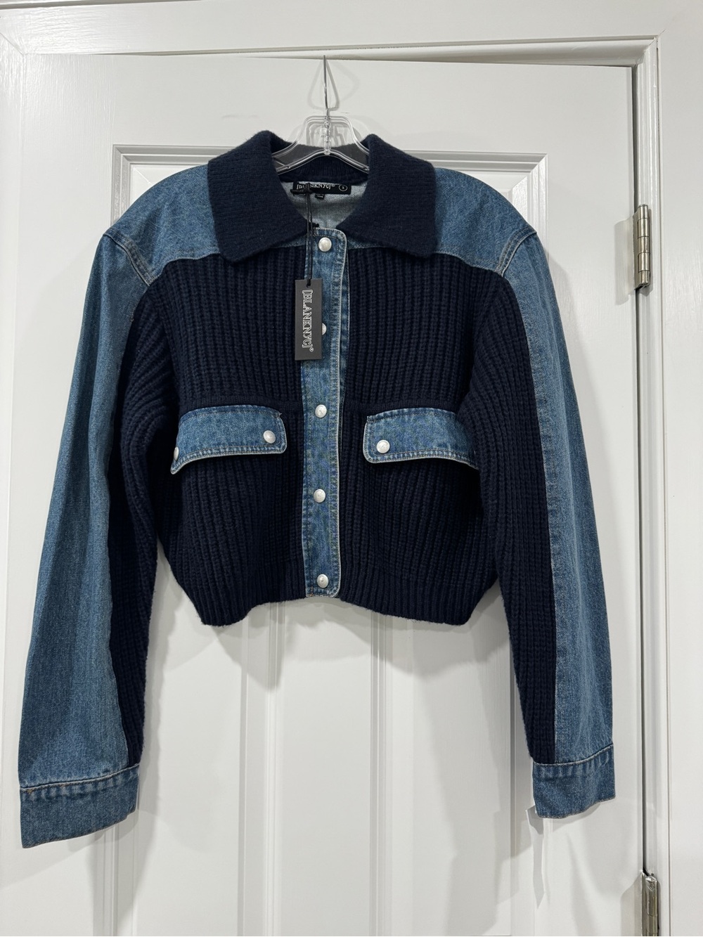 Blank NYC Navy Knit & Light Blue Denim Cropped Jacket